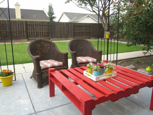 salon-de-jardin-en-palette-une-table-rouge-en palette-et-deux-chaises