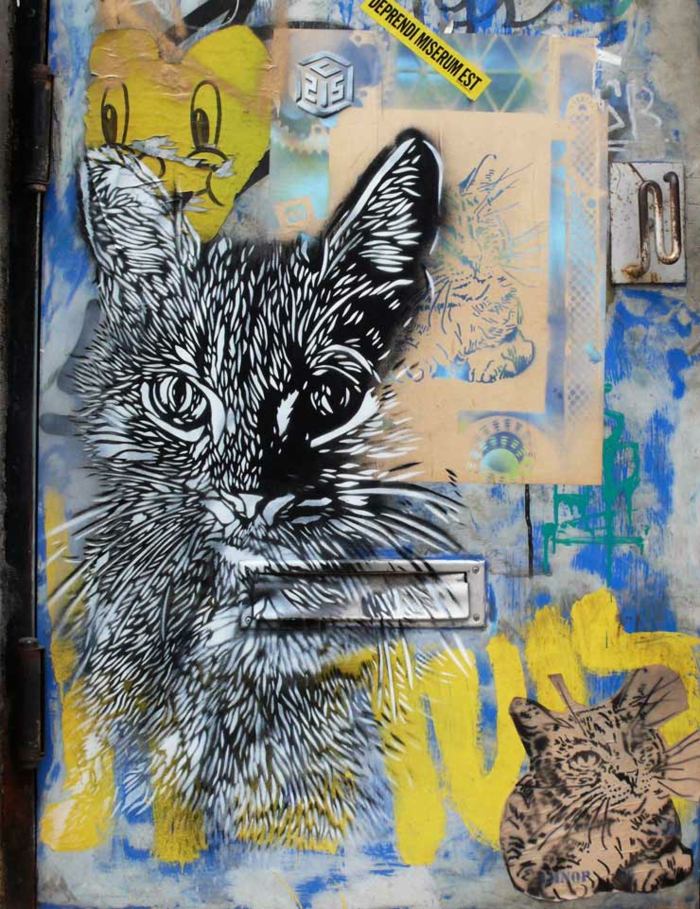 Street-artiste-rue-pochoiriste-C215-animaux-chat-blanc-et-noir