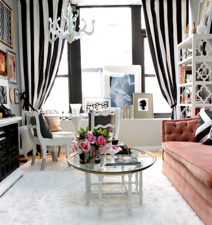 elegante-salle-de-sejour-tapis-shaggy-blanc-canape-confortable-en-rose-etagere-jolie