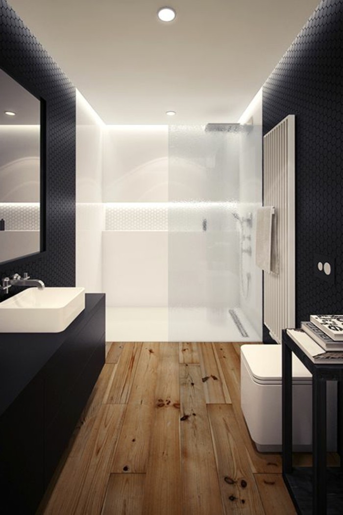 salle de bain blanche noire sol en parquet faire une douche a l italienne chic
