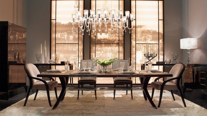 magnifique-suggestion-decoration-salle-a-manger-grise-modele-salle-a-manger-luxe-table-en-bois-chaises-design-simple-et-élégant-lustre-somptueux