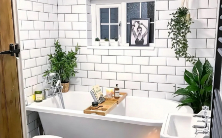 salle d eau en noir et blanc baignoire auto portante plantes d interieur