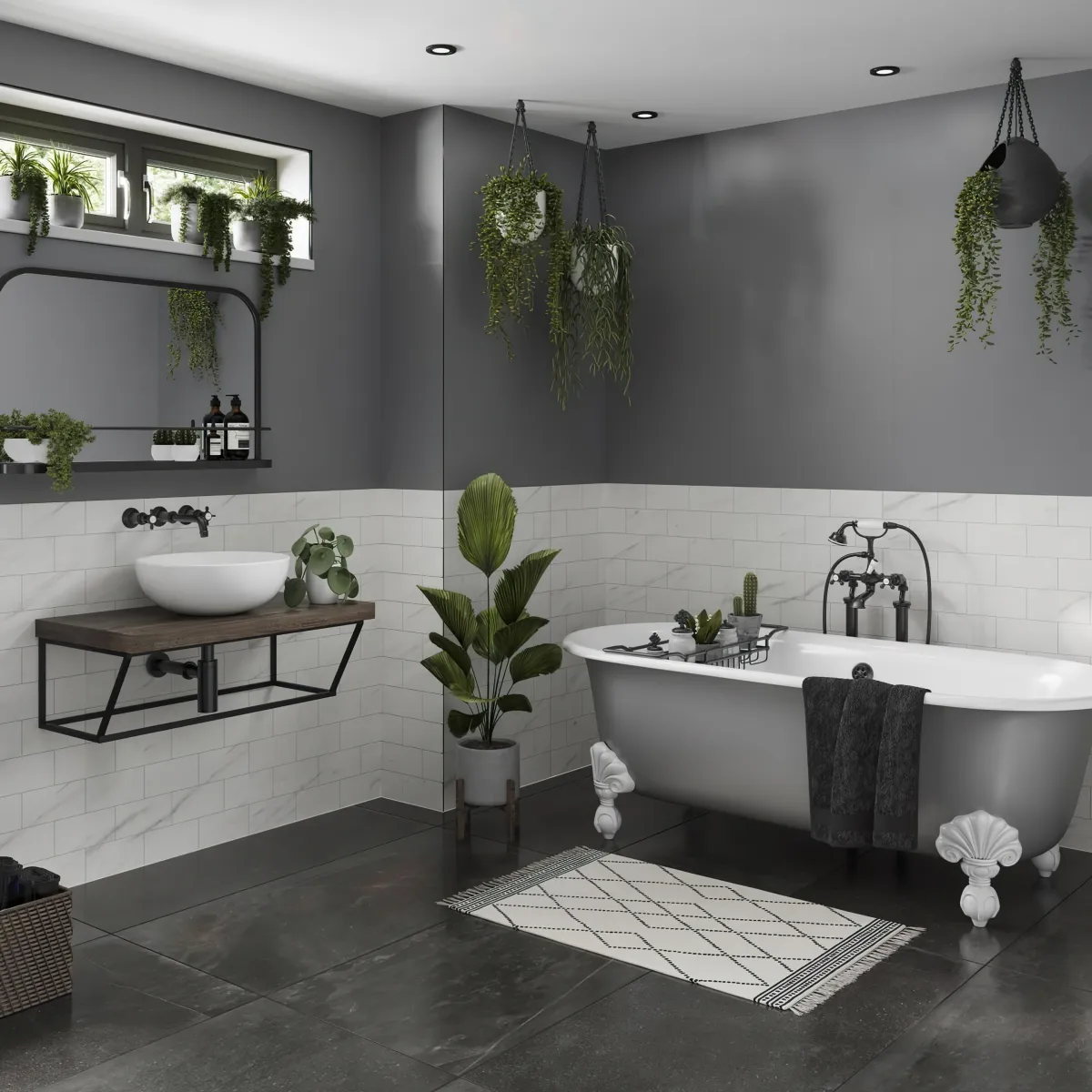 salle de bain en gris en blanc plantes qui aiment l humidite