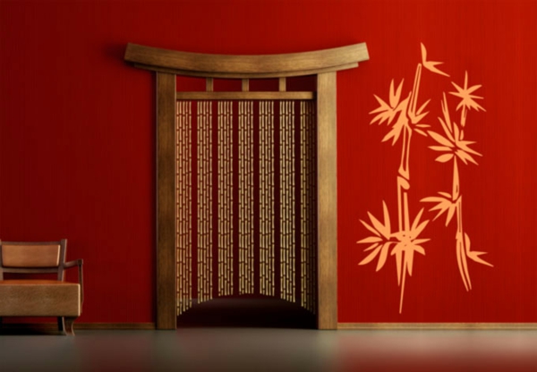 chambre-style-chinois-en rouge-et-bambou