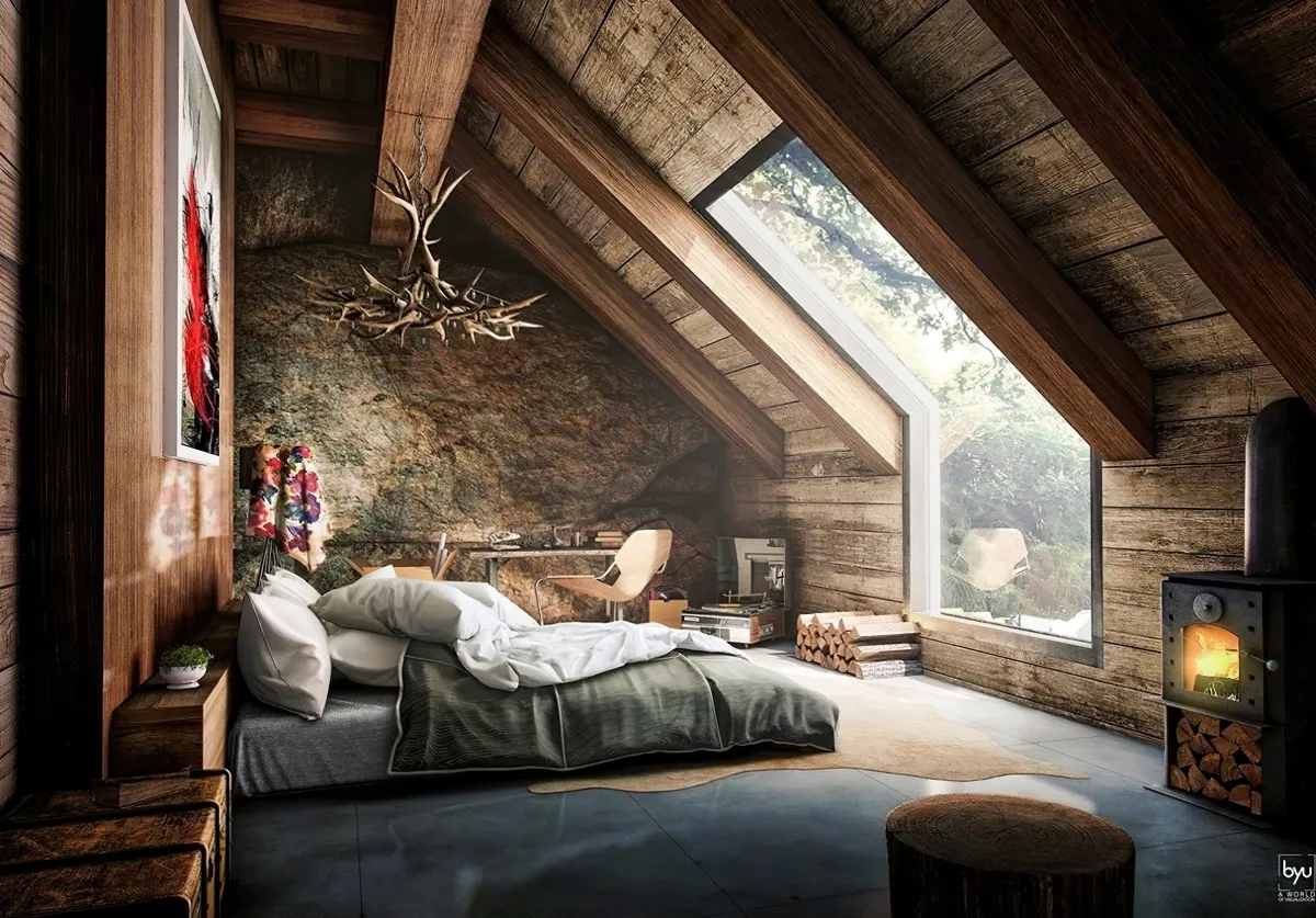 chambre adulte style chalet de montagne en gris et bois