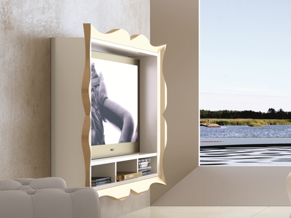 meuble-tv-laqué-blanc-avec-un-cadre-beige-décorative