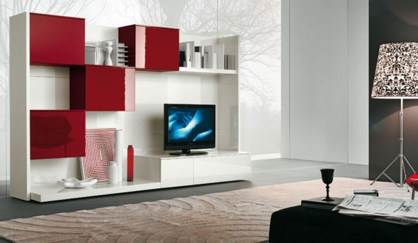 meuble-tv-laqué-blanc-et-des-commodes-rouges