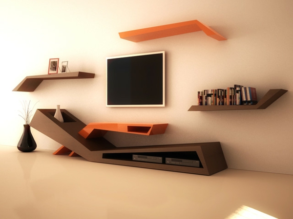 mobilier-de-design-contemporain-quelques-étagères-modernes-et-un-écran-fixé-au-mur