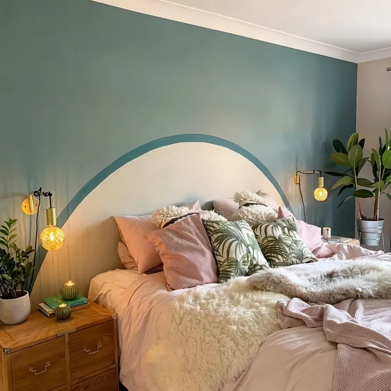 peinture chambre adulte en bleu vert clair tete de lit peint sur le mur