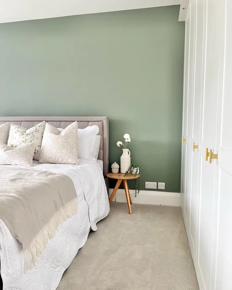 peinture chambre adulte vert sauge armoire blanche tete de lit gris claire