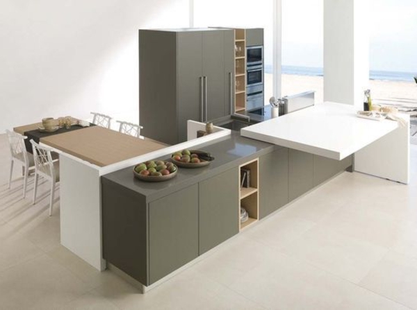 Îlot De Cuisine Mobile LINKHOO Avec Plan Rabattable - 140x45x94 Cm - Blanc - 2 Portes, 3 Tiroirs, Roues