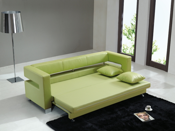 canapé-lit-design-en-vert-et-un-tapis-noir