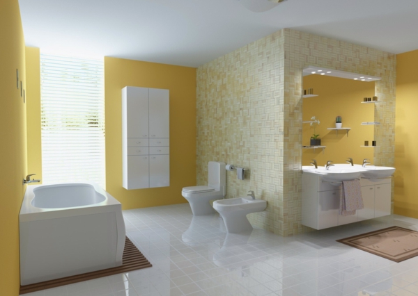 lavabo-à-double-vasque-murs-jaunes-commodes-blancs