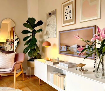 miroir forme abstraite rangement meuble tv livres plante verte