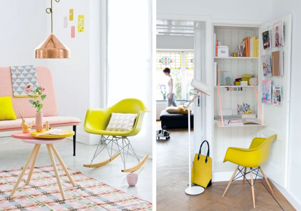 Décorationidée inspiration avec chaise fauteuil à bascule de table RAR pied bois design Eames jaune salon bureau style scandinave-