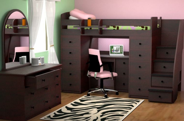 lit-mezzanine-et-bureau--nois-noir-foncé-et-décoration-en-rose