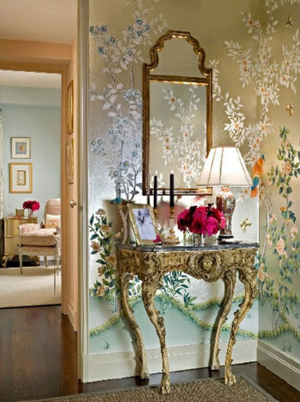 meuble-console-d' entrée-table-console-française-papier-peint-à-motifs-floraux