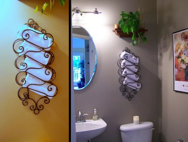 porte-serviette-de-salle-de-bain-rzngement-mural-en-fer-forgé-et-serviettes-blanches