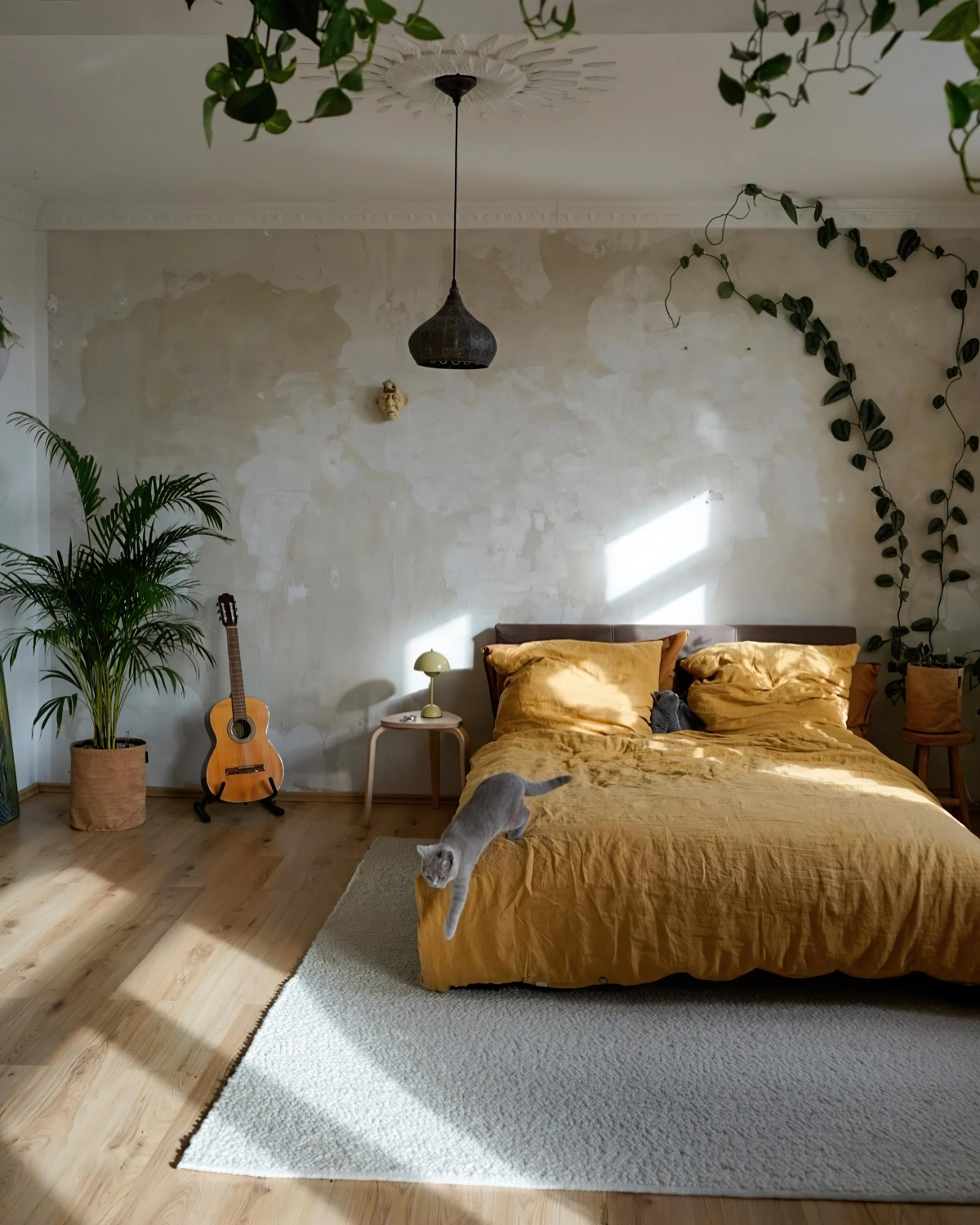 peinture a effet sable chambre boheme linge de lit jaune moutarde plante grimpante interieur