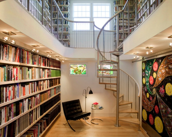 peinture-abstraite-une-grande-bibliothèque-et-un-escalier-tournant