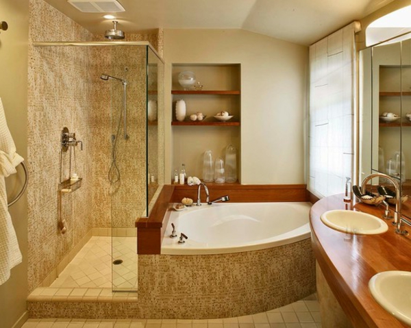 petite-baignoire-d' angle-cabine-de-douche-vasques-encastrées-un-grand-miroir-rectangulaire