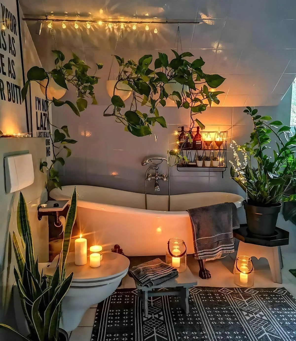 petite salle de bain avec baignoire guirlande lumineuse tapis berbere plantes