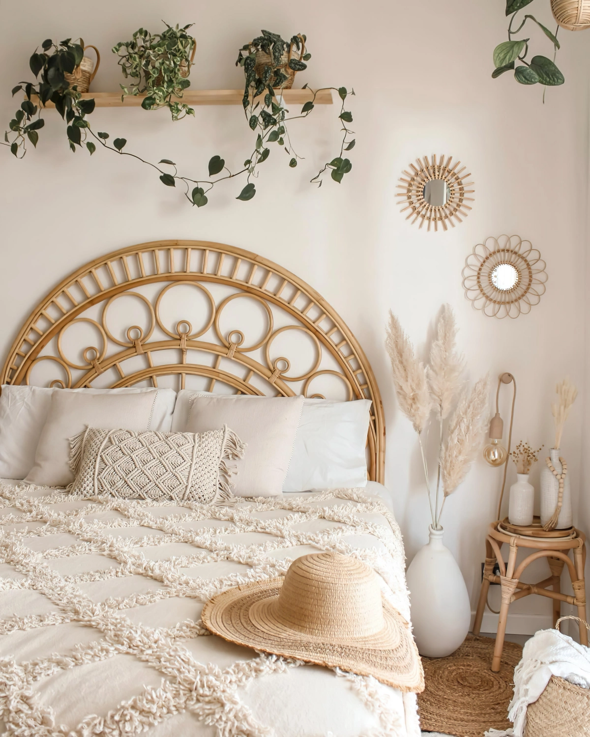 tete de lit rotin etagere bois plantes vertes chambre boheme scandinave mur miroirs soleil
