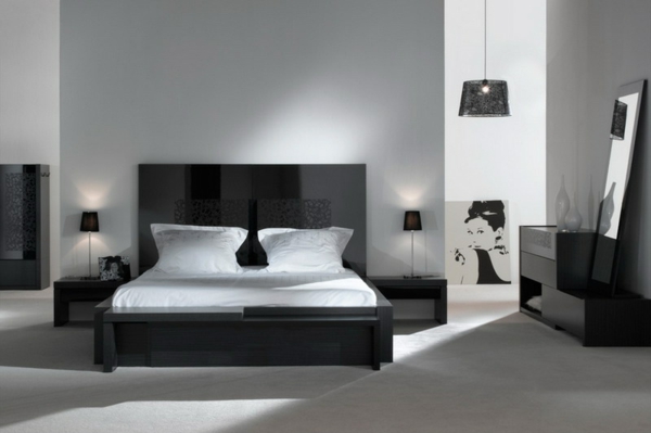 chambre-à-coucher-complete-et-lit-noir-pour-blanc-décoration-avec-un-peinture-et-lampe