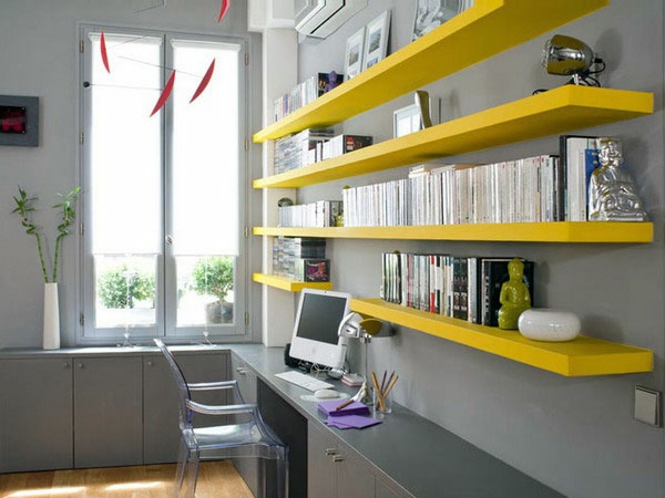bureau-avec-étagère-bureau-gris-et-étagères-jaunes
