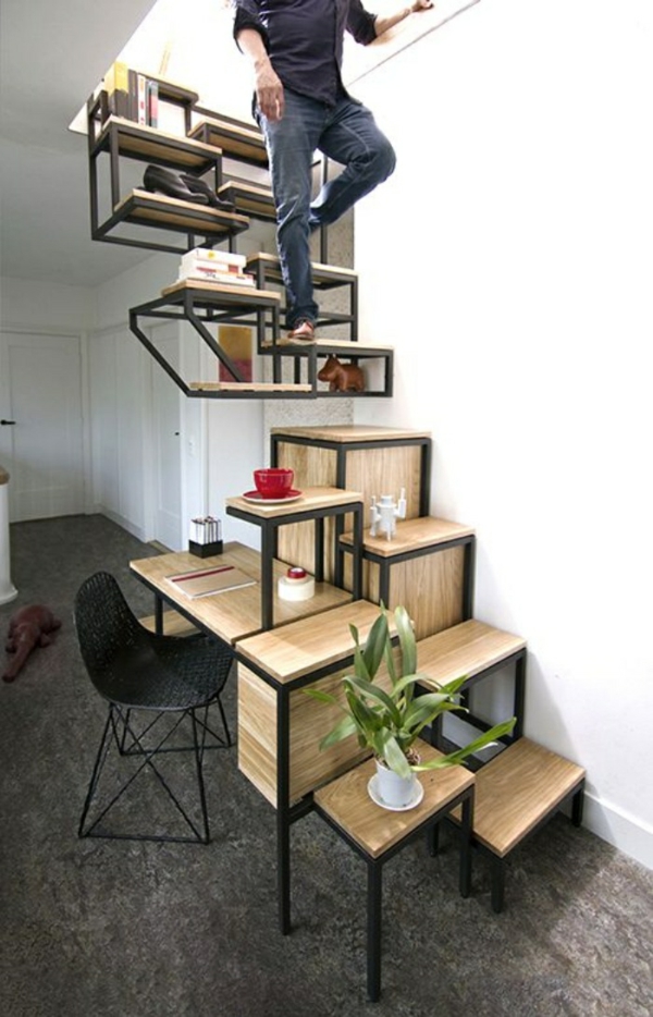 bureau-avec-étagère-design-cool-petit-escalier-en-bois