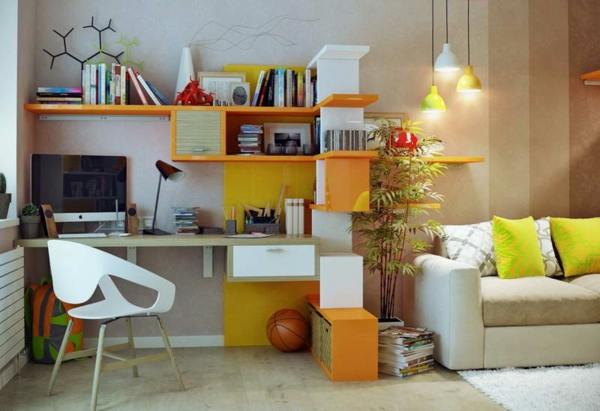 bureau-avec-étagère-sofa-beige-lampes-pendantes