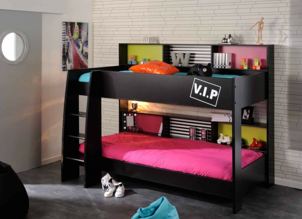 lits-superposés-design-noir-compact-matelas-colorés