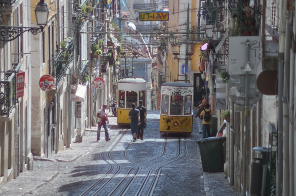 Lisbonne-rue-avec-train-jaune-historique