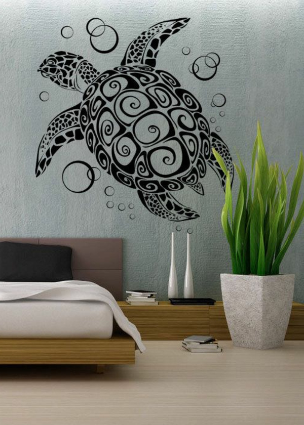 décoration-de-la-mur-chambre-à-coucher-couvre-lit-coussins-stickers-la-mer-tortue