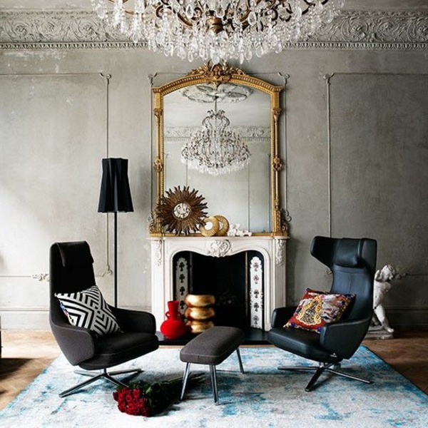 suspension-baroque-intérieur-contemporain-lustre-séjour-chaise-sofa-tapis