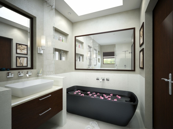 vasque-rectangulaire-salle-de-bains-élégante-une-baignoire-noire-deux-grands-miroirs-rectangulaires