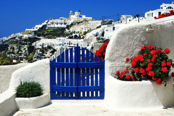 Ile-de-Santorin-paysage-joli-les-maisons-fleurs-rouges