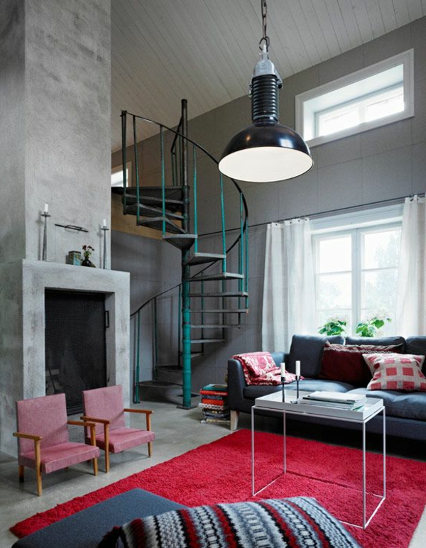 escalier-loft-intérieur-intéressant-grande-suspension-industrielle