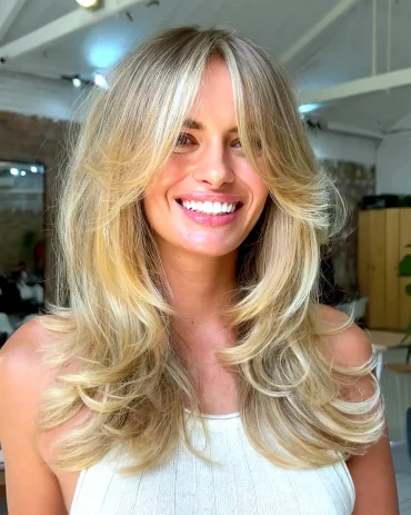 mode coupe de cheveux femme 2024 femme souriante cheveux longs blonds