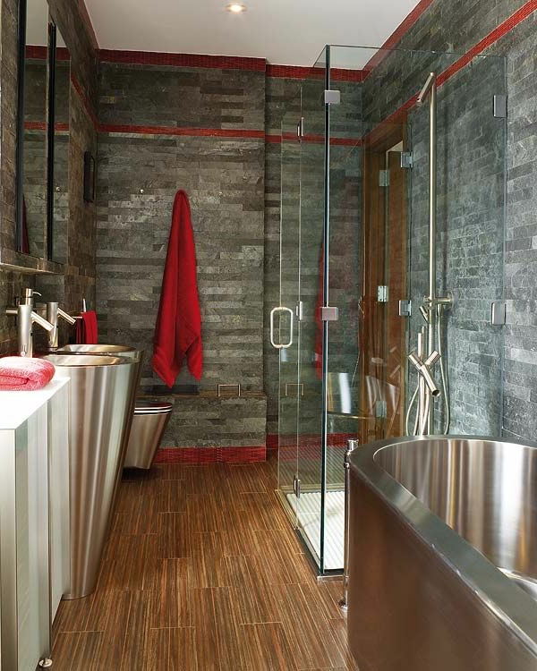 salle-de-bains-grise-avec-plancher-stratifié-des-vasques-uniqueset-baignoire-luisante