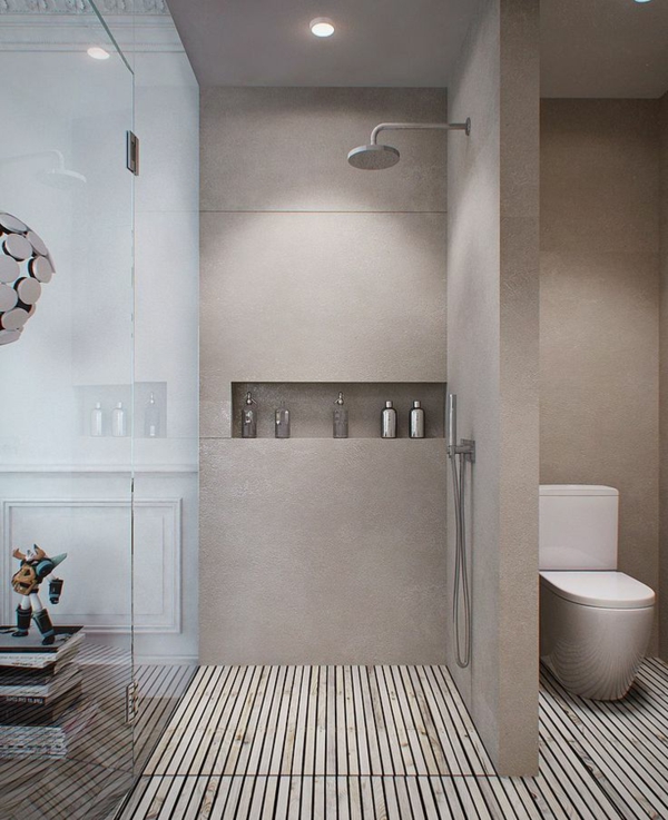 salle-de-bains-grise-rangement-mural-créatif