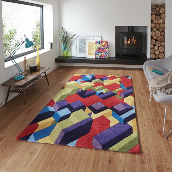 tapis-multicolore-à-effet-3d-décoration-cheminée-rustique