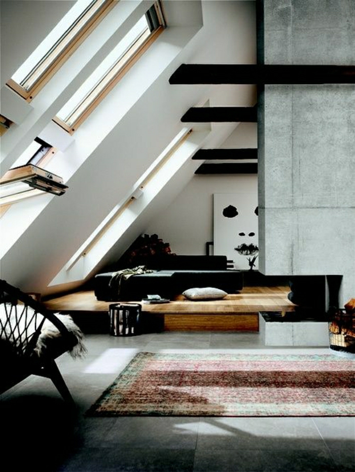 ateliers-et-lofts-atypique-tapis-coloré-mur-gris-peinture-murale-blanc-noir-mur-gris