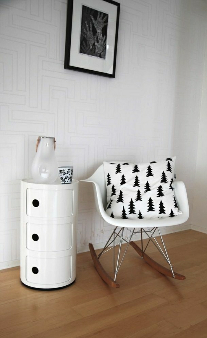 chaise-berçante-chaise-plastique-blanche-mur-blanc-deco-blanc-noir-sol-en-parquet