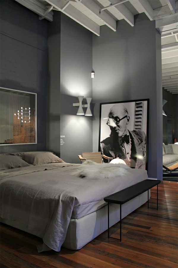 chambre-a-coucher-murs-gris-lampe-liseuse-blanc-idée-créative-sol-en-parquet