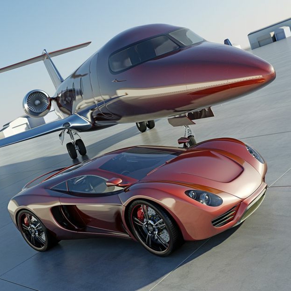 jet-privé-avec-voiture-de-luxe-rouge