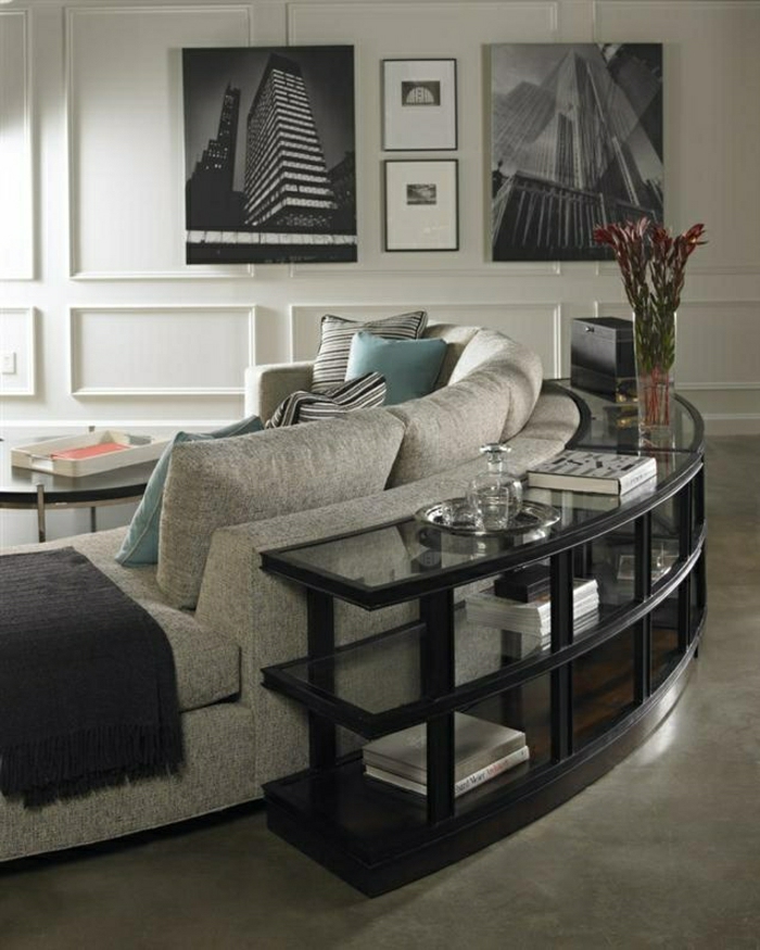 meubles-d-appoint-salon-élégant-sol-en-lin-gris-canapé-gris-peintures-murales