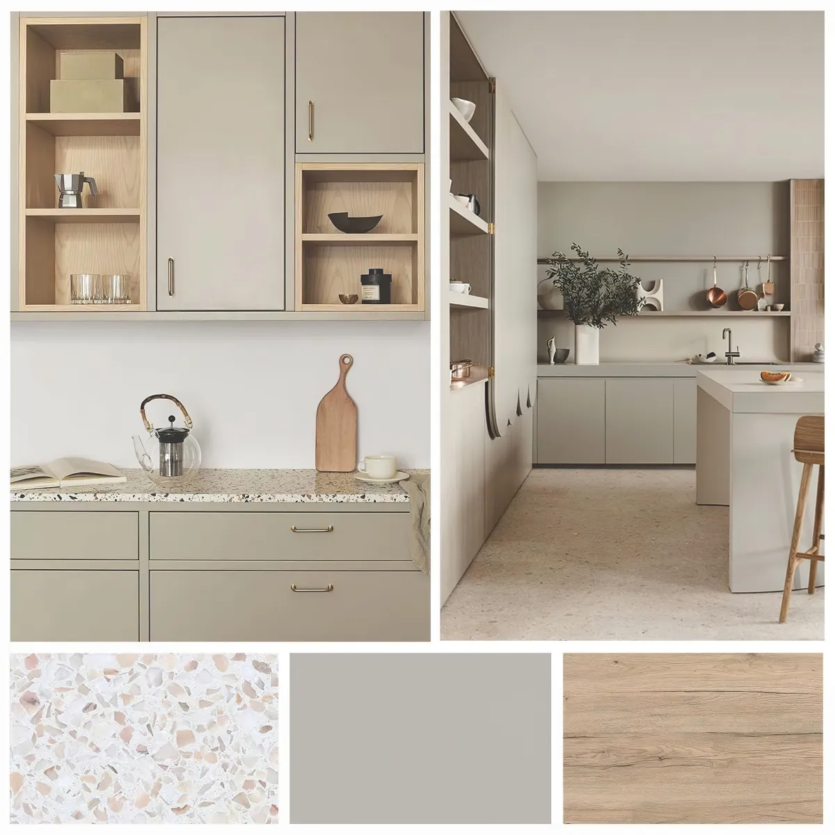 moodboard pour amenager une cuisine moderne en sable et bois