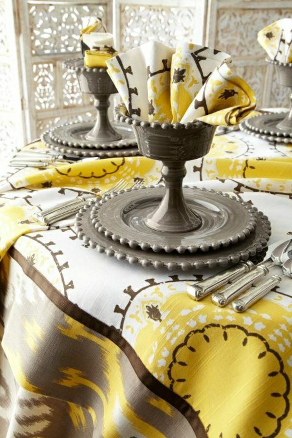 nappe-de-table-coloré-blanc-jaune-gris-set-de-table-élégant-occasion