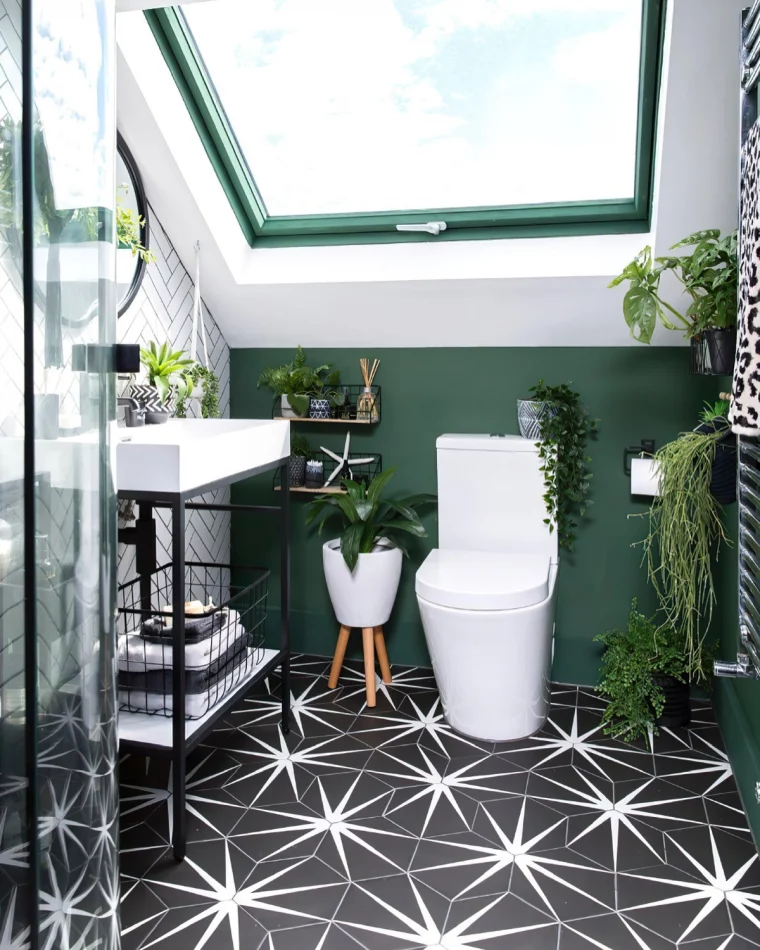 petite salle salle de bain sous pente peinture vert fonce cuvette wc plantes vertes